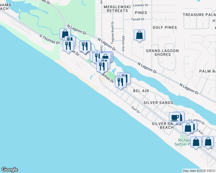 map of restaurants, bars, coffee shops, grocery stores, and more near 8629 Surf Drive in Panama City Beach