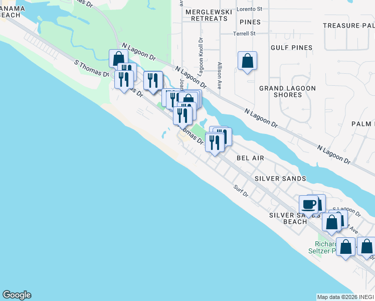 map of restaurants, bars, coffee shops, grocery stores, and more near 8629 Surf Drive in Panama City Beach