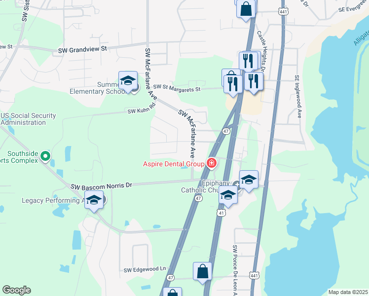 map of restaurants, bars, coffee shops, grocery stores, and more near 546 Southwest Chapel Hill Street in Lake City