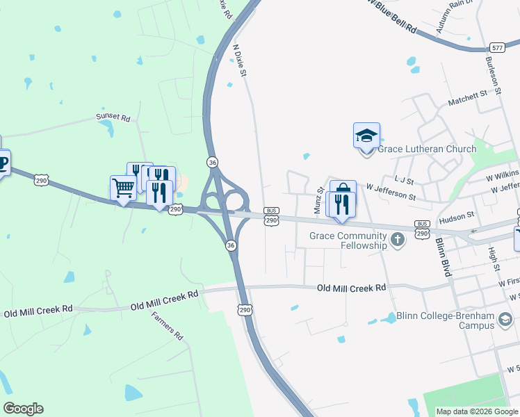 map of restaurants, bars, coffee shops, grocery stores, and more near 101 North Dixie Street in Brenham