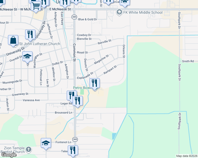 map of restaurants, bars, coffee shops, grocery stores, and more near 714 Rampart Street in Lake Charles