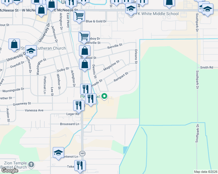 map of restaurants, bars, coffee shops, grocery stores, and more near 714 Rampart St in Lake Charles