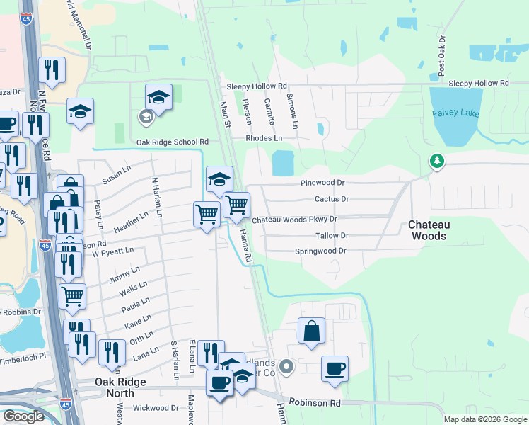 map of restaurants, bars, coffee shops, grocery stores, and more near 212 Chateau Woods Parkway Drive in Conroe