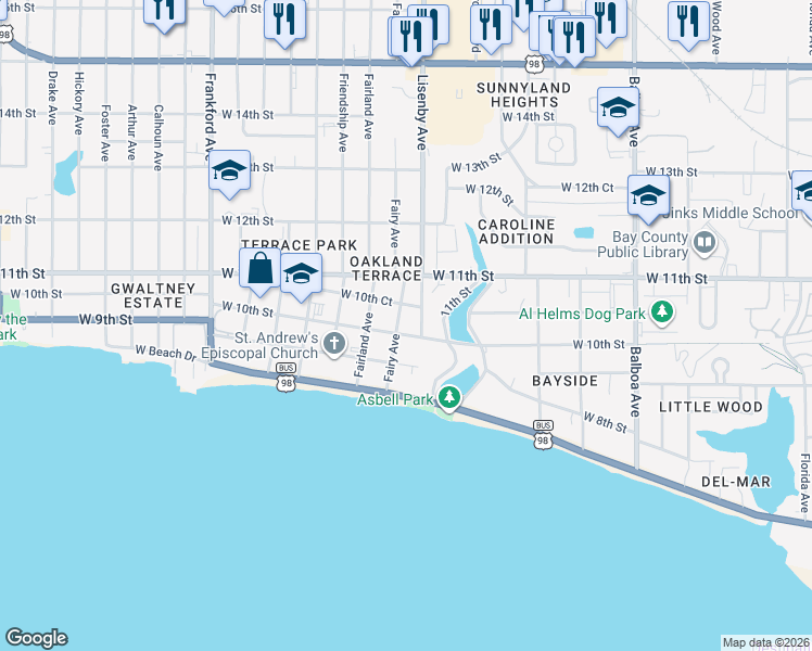 map of restaurants, bars, coffee shops, grocery stores, and more near 1434 West 10th Street in Panama City