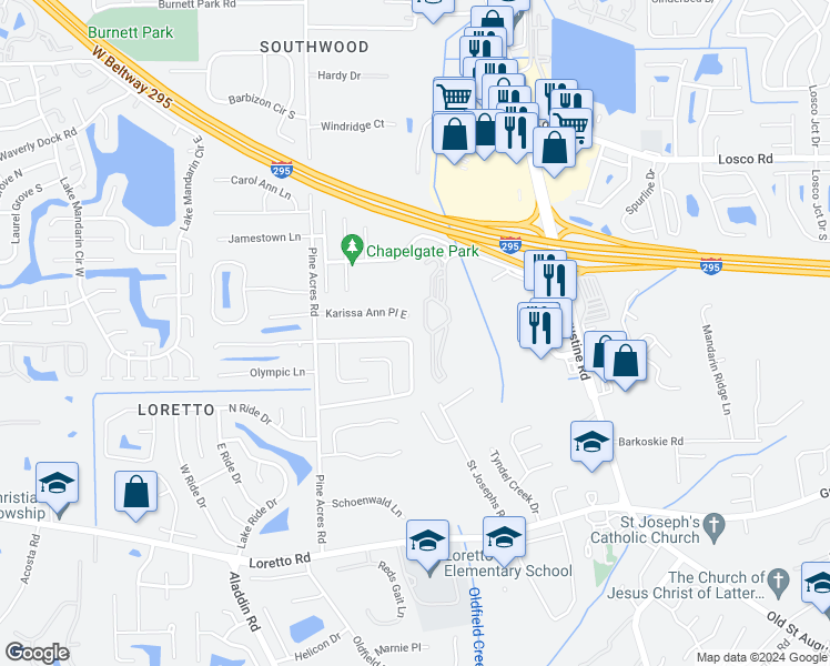map of restaurants, bars, coffee shops, grocery stores, and more near 3935 Mandarin Woods Drive South in Jacksonville