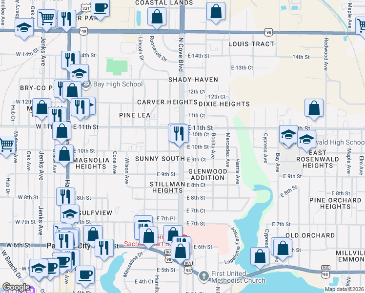 map of restaurants, bars, coffee shops, grocery stores, and more near 1000 Martin Luther King Junior Boulevard in Panama City