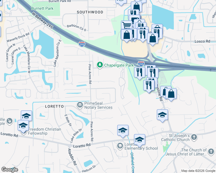 map of restaurants, bars, coffee shops, grocery stores, and more near 3879 Mandarin Woods Drive North in Jacksonville
