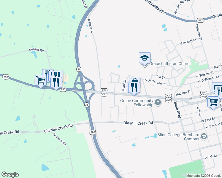 map of restaurants, bars, coffee shops, grocery stores, and more near 1704 West Main Street in Brenham