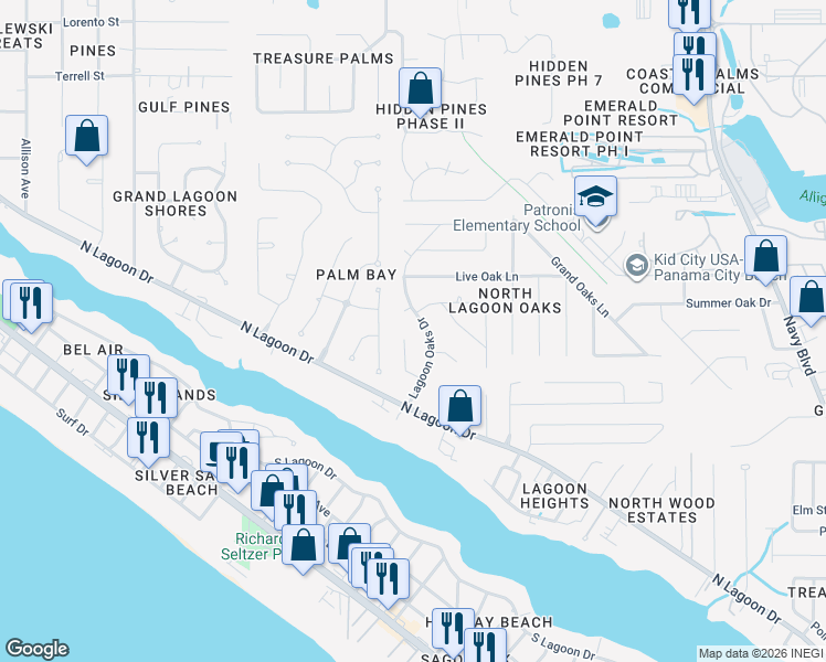 map of restaurants, bars, coffee shops, grocery stores, and more near 118 Oak Ridge Pl in Panama City Beach