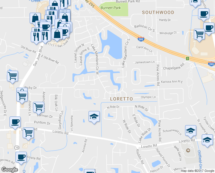 map of restaurants, bars, coffee shops, grocery stores, and more near Regatta Way in Jacksonville