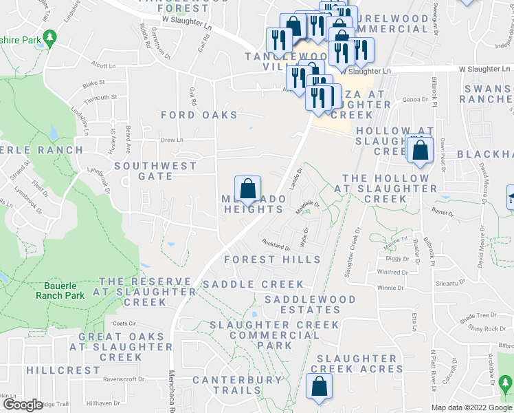 map of restaurants, bars, coffee shops, grocery stores, and more near 10422 Menchaca Road in Austin
