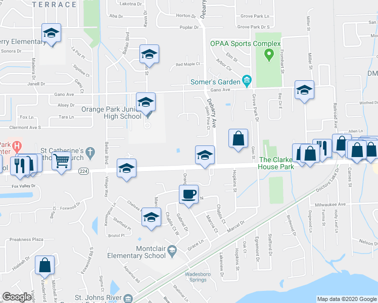 map of restaurants, bars, coffee shops, grocery stores, and more near 1357 Kingsley Avenue in Orange Park