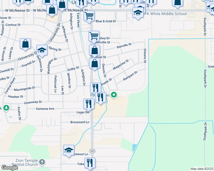 map of restaurants, bars, coffee shops, grocery stores, and more near 650 Esplanade Street in Lake Charles