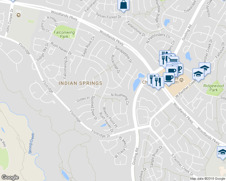 map of restaurants, bars, coffee shops, grocery stores, and more near 259 Sandpebble Dr in Spring