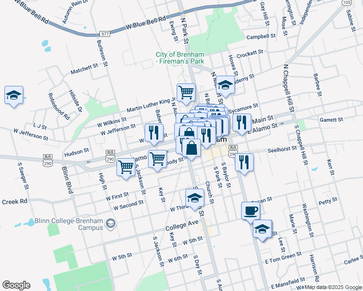 map of restaurants, bars, coffee shops, grocery stores, and more near 305 West Main Street in Brenham