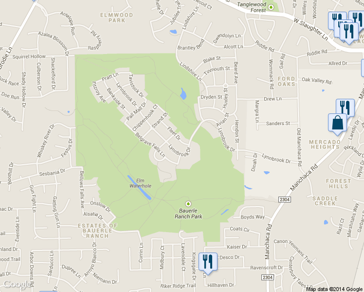 map of restaurants, bars, coffee shops, grocery stores, and more near 2900 Fleet Drive in Austin