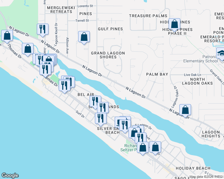 map of restaurants, bars, coffee shops, grocery stores, and more near 8501 North Lagoon Drive in Panama City Beach