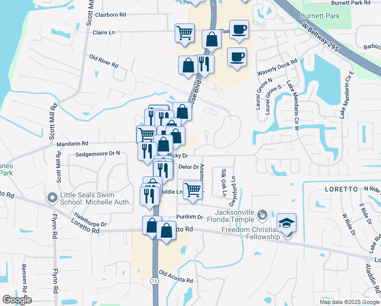 map of restaurants, bars, coffee shops, grocery stores, and more near 3071 Falconer Drive in Jacksonville