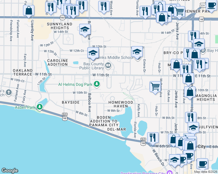 map of restaurants, bars, coffee shops, grocery stores, and more near 88 Bob Sikes Drive in Panama City