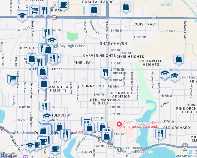 map of restaurants, bars, coffee shops, grocery stores, and more near 1005 Louisiana Avenue in Panama City