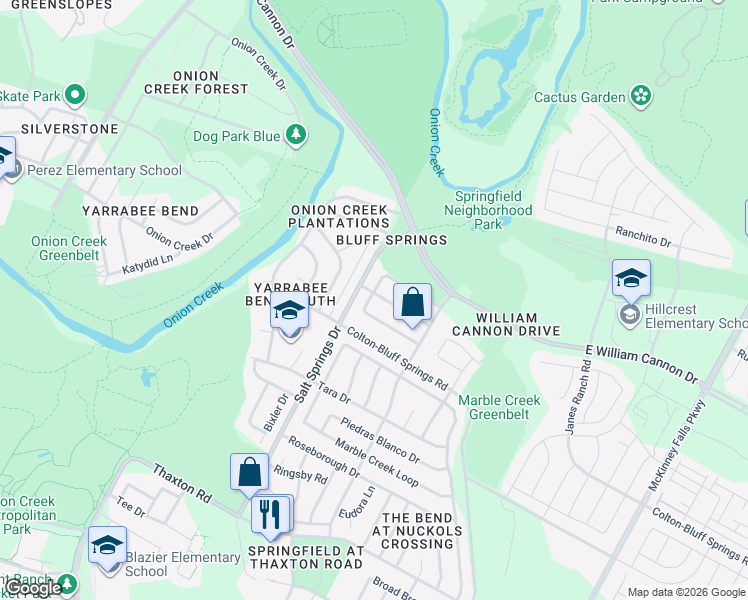 map of restaurants, bars, coffee shops, grocery stores, and more near 6407 Orange Blossom Way in Austin