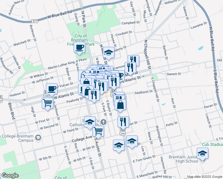 map of restaurants, bars, coffee shops, grocery stores, and more near 210 South Market Street in Brenham
