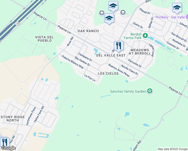 map of restaurants, bars, coffee shops, grocery stores, and more near 12717 Paloma Blanca Way in Del Valle