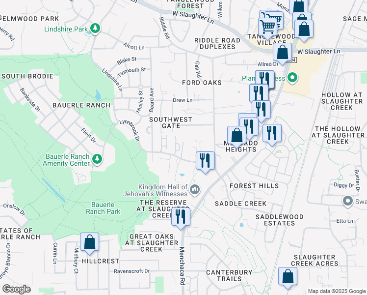 map of restaurants, bars, coffee shops, grocery stores, and more near 2210 Lynnbrook Drive in Austin