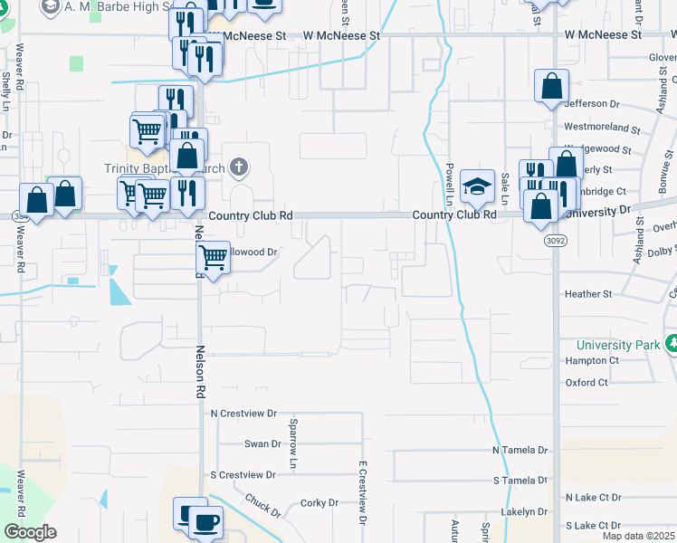 map of restaurants, bars, coffee shops, grocery stores, and more near 1512 South Vintage Lane in Lake Charles