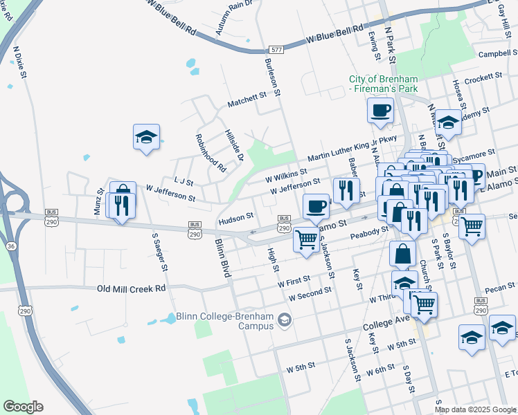map of restaurants, bars, coffee shops, grocery stores, and more near 202 Lockett Street in Brenham