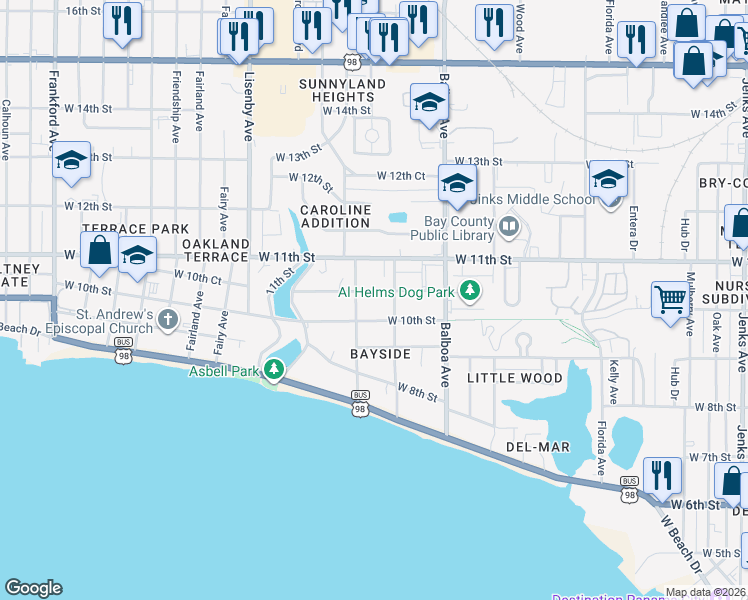 map of restaurants, bars, coffee shops, grocery stores, and more near 1111 West 10th Court in Panama City