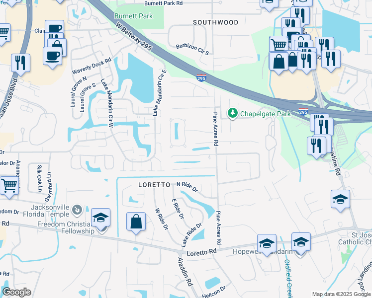 map of restaurants, bars, coffee shops, grocery stores, and more near 3646 Lumberjack Circle South in Jacksonville