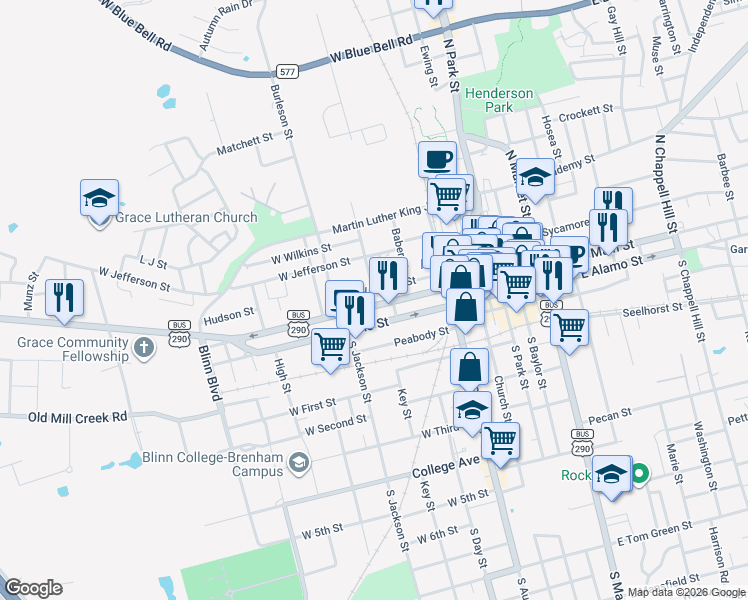 map of restaurants, bars, coffee shops, grocery stores, and more near 500 West Main Street in Brenham