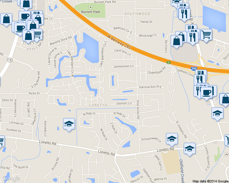 map of restaurants, bars, coffee shops, grocery stores, and more near 3646 Lumberjack Circle South in Jacksonville
