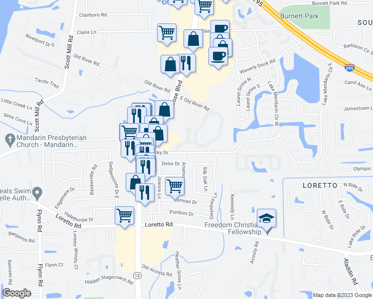 map of restaurants, bars, coffee shops, grocery stores, and more near 3131 Ricky Dr in Jacksonville