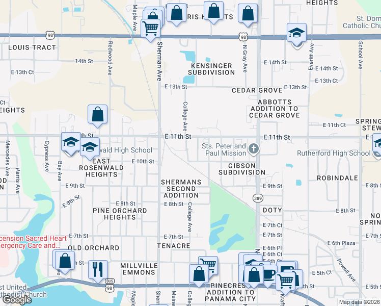 map of restaurants, bars, coffee shops, grocery stores, and more near 1010 Horizon Drive in Panama City