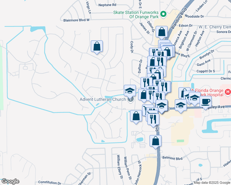 map of restaurants, bars, coffee shops, grocery stores, and more near 401 Perthshire Drive in Orange Park