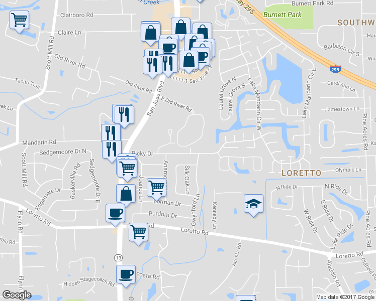 map of restaurants, bars, coffee shops, grocery stores, and more near 11434 Ricky Way in Jacksonville