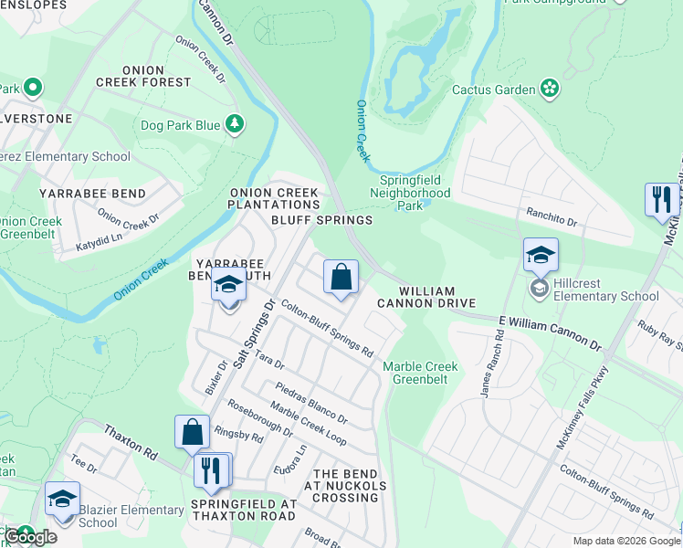 map of restaurants, bars, coffee shops, grocery stores, and more near 6415 Spring Fever Trail in Austin