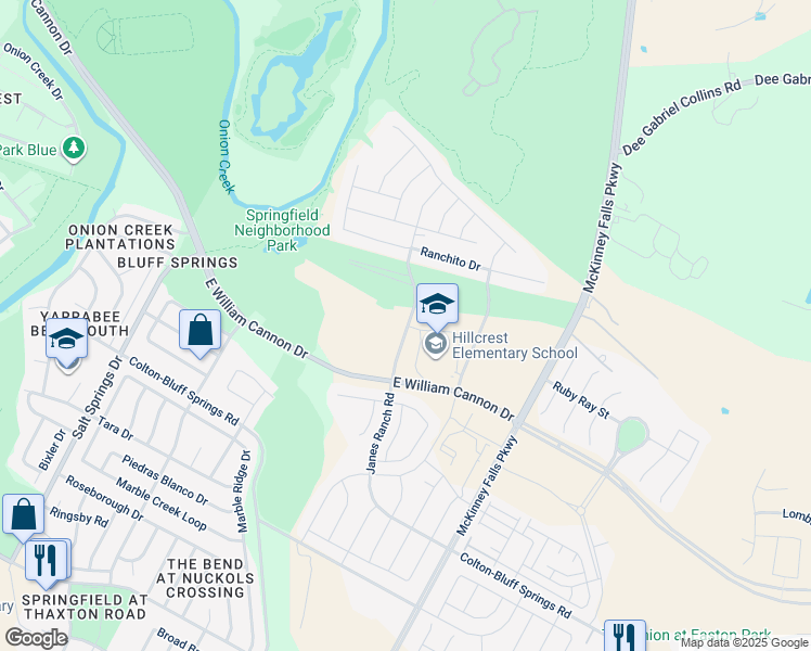 map of restaurants, bars, coffee shops, grocery stores, and more near 7106 Janes Ranch Road in Austin