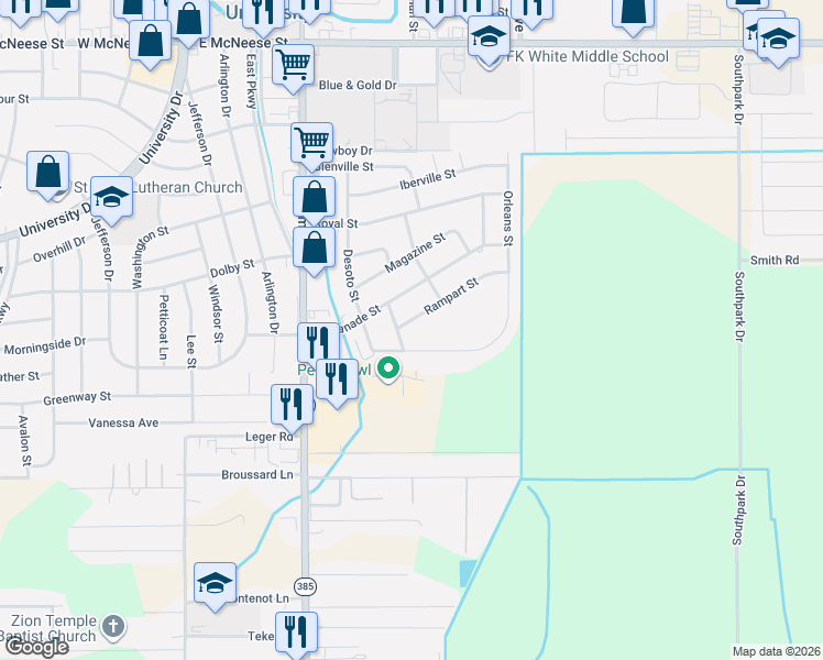 map of restaurants, bars, coffee shops, grocery stores, and more near 714 Rampart Street in Lake Charles