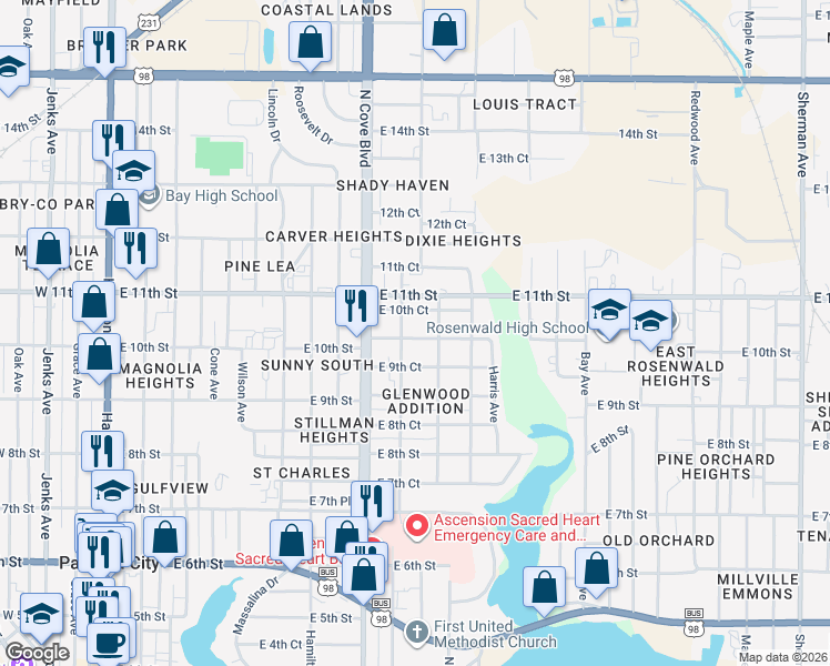 map of restaurants, bars, coffee shops, grocery stores, and more near 807 East 10th Street in Panama City