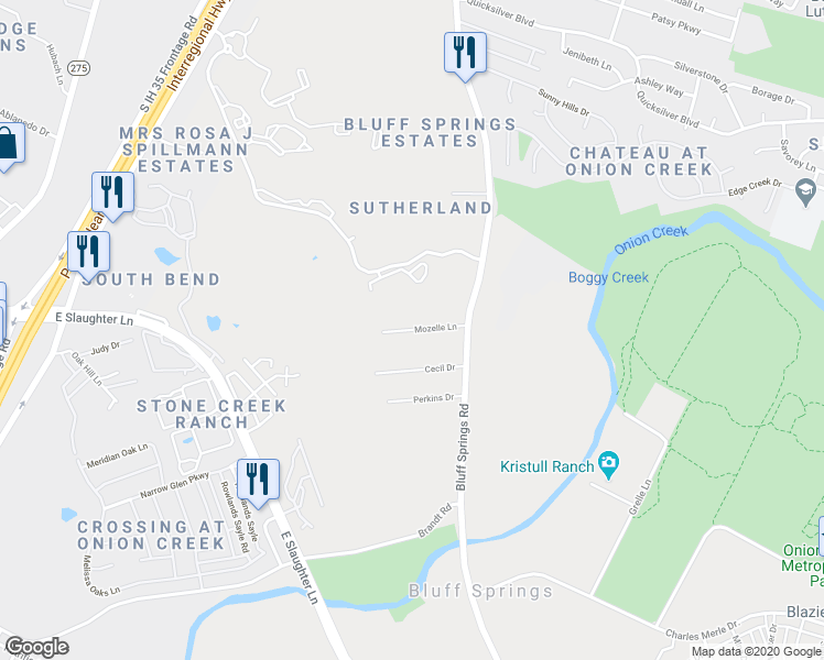 map of restaurants, bars, coffee shops, grocery stores, and more near 2435 Mozelle Lane in Austin