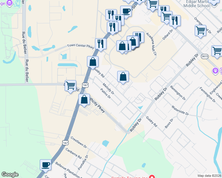 map of restaurants, bars, coffee shops, grocery stores, and more near 305 Melody Drive in Lafayette
