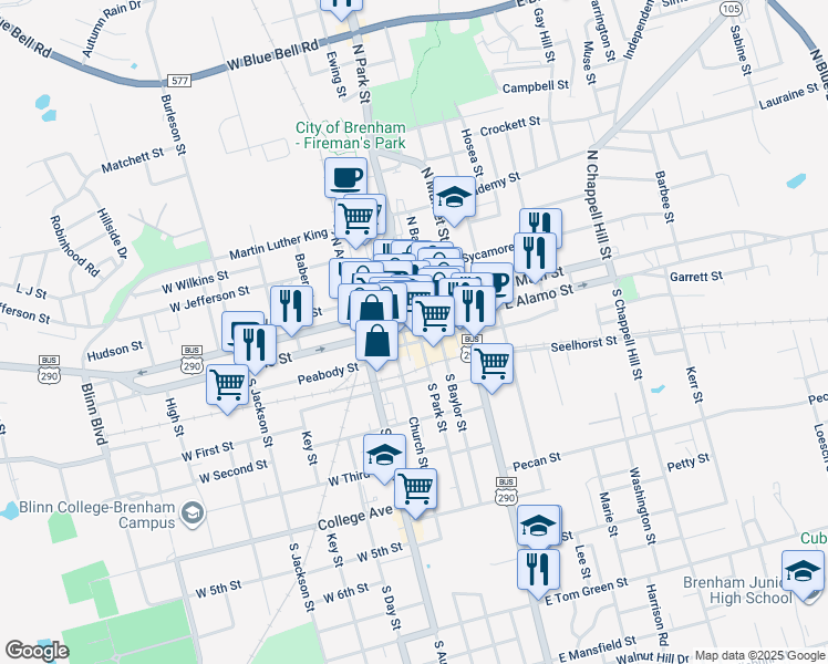 map of restaurants, bars, coffee shops, grocery stores, and more near in Brenham