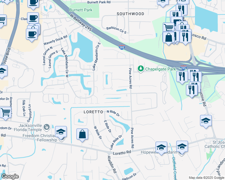 map of restaurants, bars, coffee shops, grocery stores, and more near 3646 Lumberjack Circle South in Jacksonville