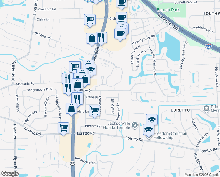 map of restaurants, bars, coffee shops, grocery stores, and more near 11434 Ricky Way in Jacksonville