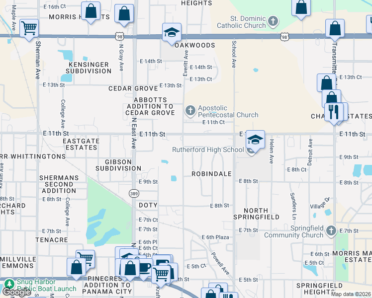 map of restaurants, bars, coffee shops, grocery stores, and more near 914 Forestdale Avenue in Panama City