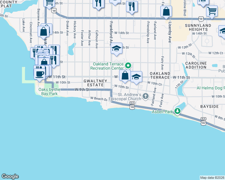 map of restaurants, bars, coffee shops, grocery stores, and more near 2024 Baker Court in Panama City