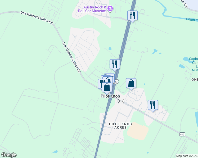 map of restaurants, bars, coffee shops, grocery stores, and more near 8400 Dee Gabriel Collins Road in Austin